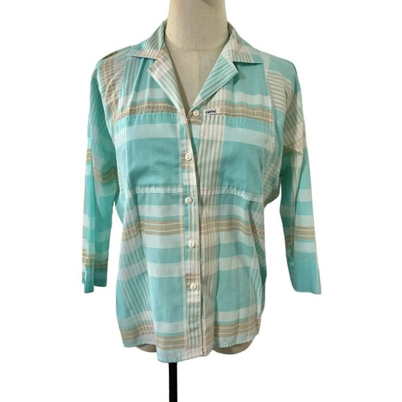 Vintage Tops - Vintage top 70s 80s Blouse Shirt Button Pastel Blue Brown Bat‎ Wing Plaid CERSE